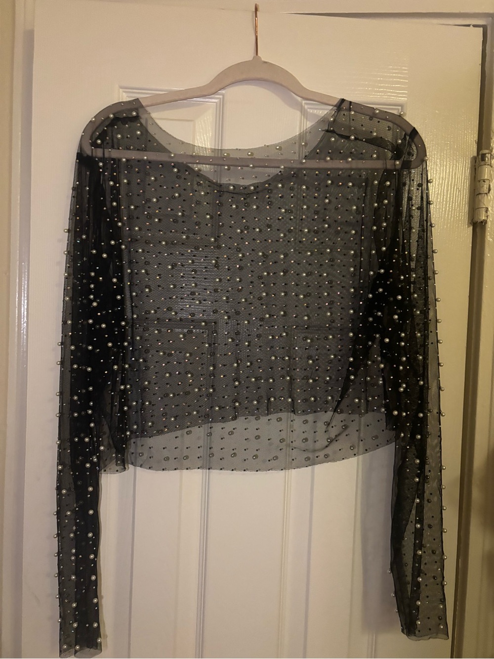 Harper Black Sheer Long Sleeve Top with Pearl Accents